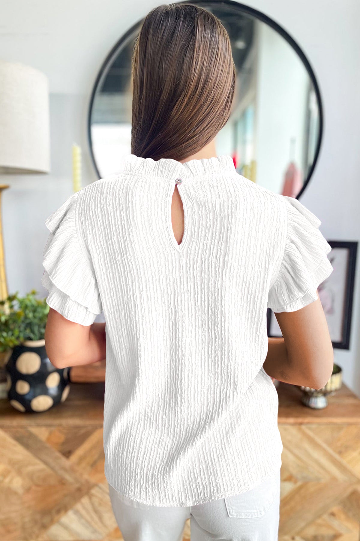 White textured short sleeve blouse with ruffle trim from Dear-Lover, featuring a solid color design and lightweight polyester blend fabric.