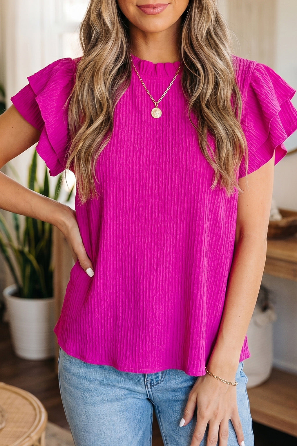 White textured short sleeve blouse by Dear-Lover, featuring ruffle trim and solid color, perfect for casual or dressy occasions.