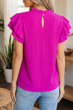 White textured short sleeve blouse with ruffle trim from Dear-Lover, made of polyester and elastane, stylish and comfortable for women.