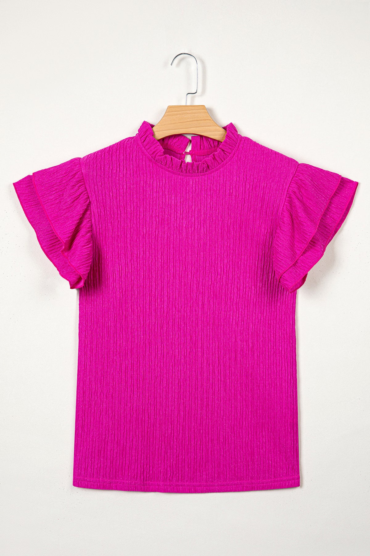 White textured short sleeve blouse with ruffle trim from Dear-Lover, made of polyester and elastane, designed for stylish casual wear.