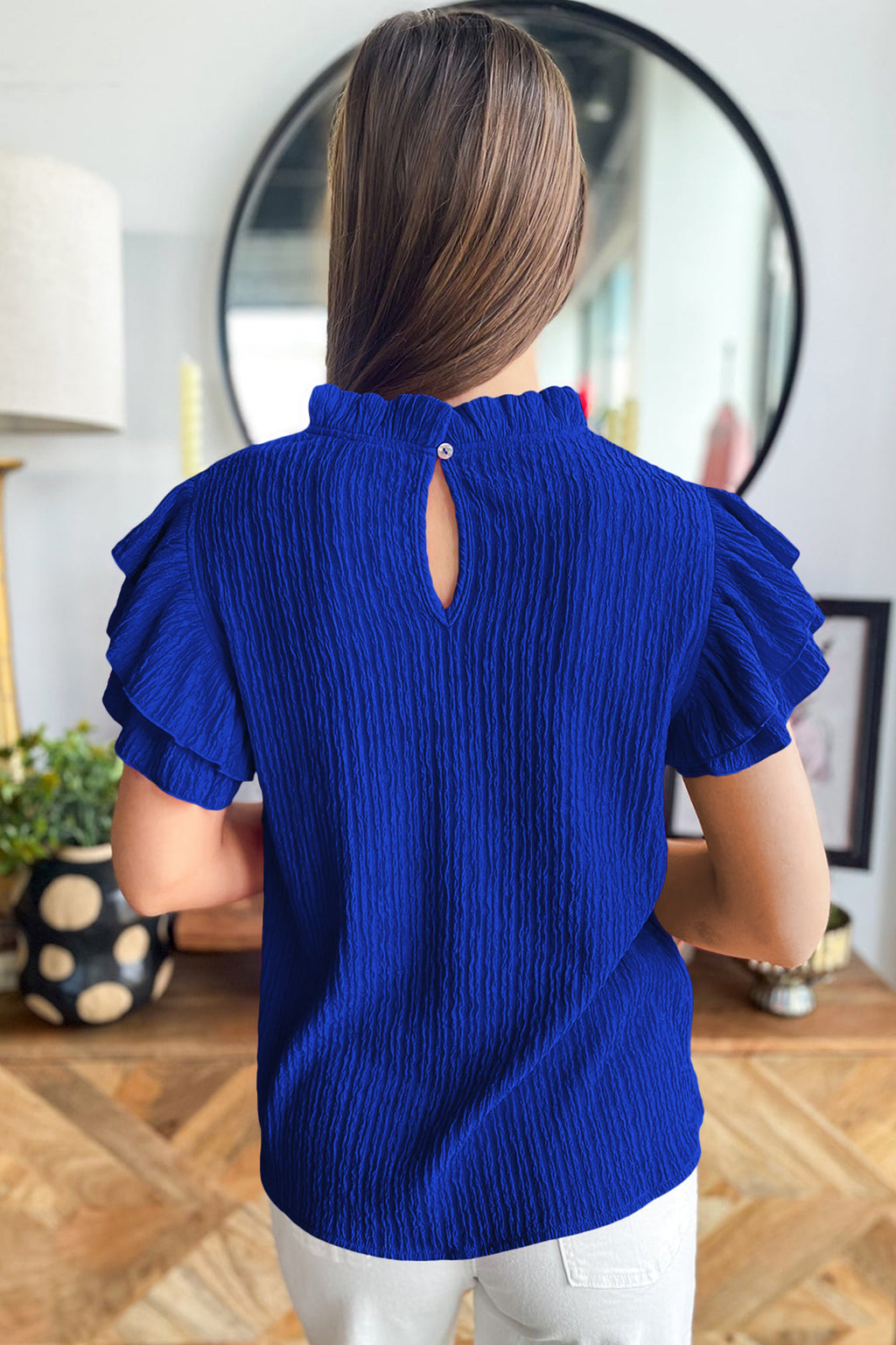 White textured short sleeve blouse with ruffle trim from Dear-Lover, featuring solid color and stylish design.