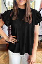 White textured short sleeve blouse with ruffle trim by Dear-Lover, featuring a solid color design and soft polyester-elastane fabric.