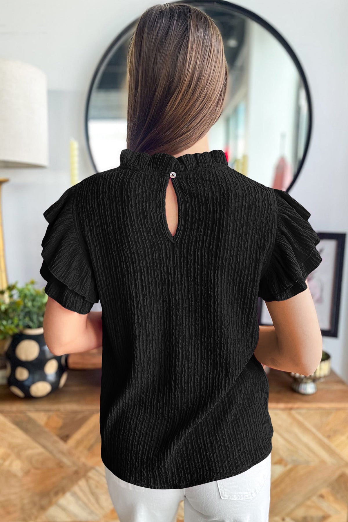White textured short sleeve blouse with ruffle trim from Dear-Lover, featuring a solid color and stylish design.