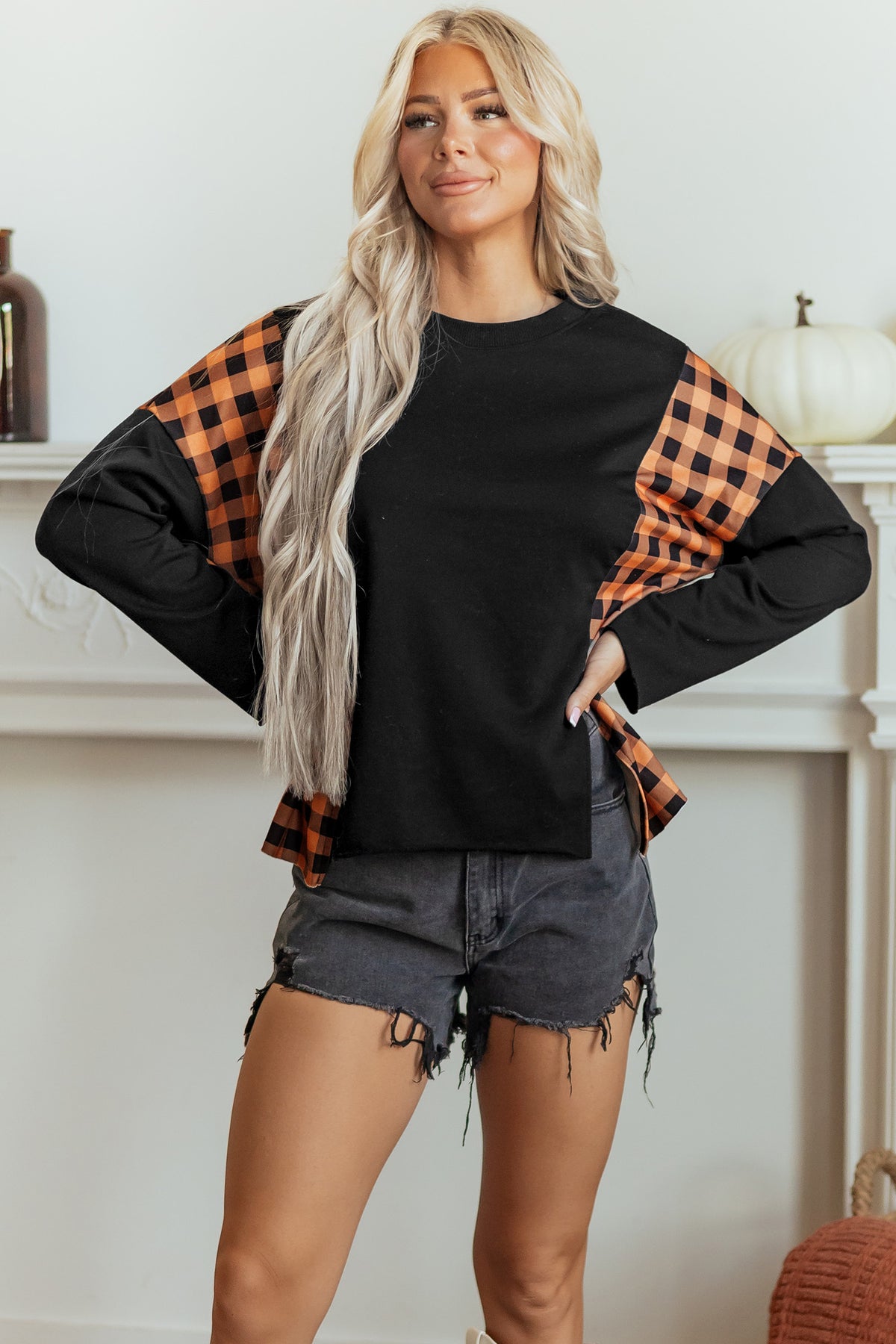 Black patchwork plaid long sleeve top by Dear-Lover Dropshipping featuring pumpkin face design, made of polyester and cotton.
