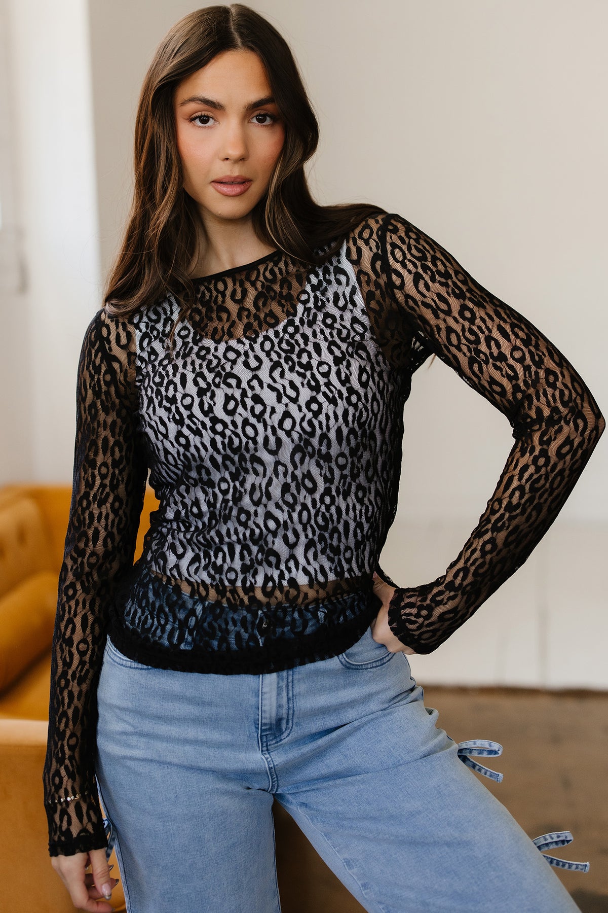 Black leopard pattern sheer mesh long sleeve top by Dear-Lover, featuring a fitted design and stylish long sleeves.
