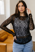 Black leopard pattern sheer mesh long sleeve top by Dear-Lover, featuring a fitted design and stylish long sleeves.