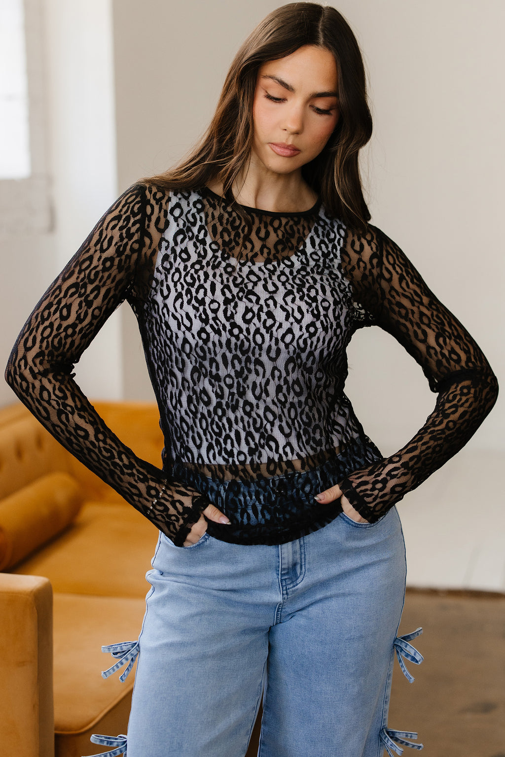 Black leopard pattern sheer mesh long sleeve top by Dear-Lover, featuring a fitted design and stylish long sleeves.