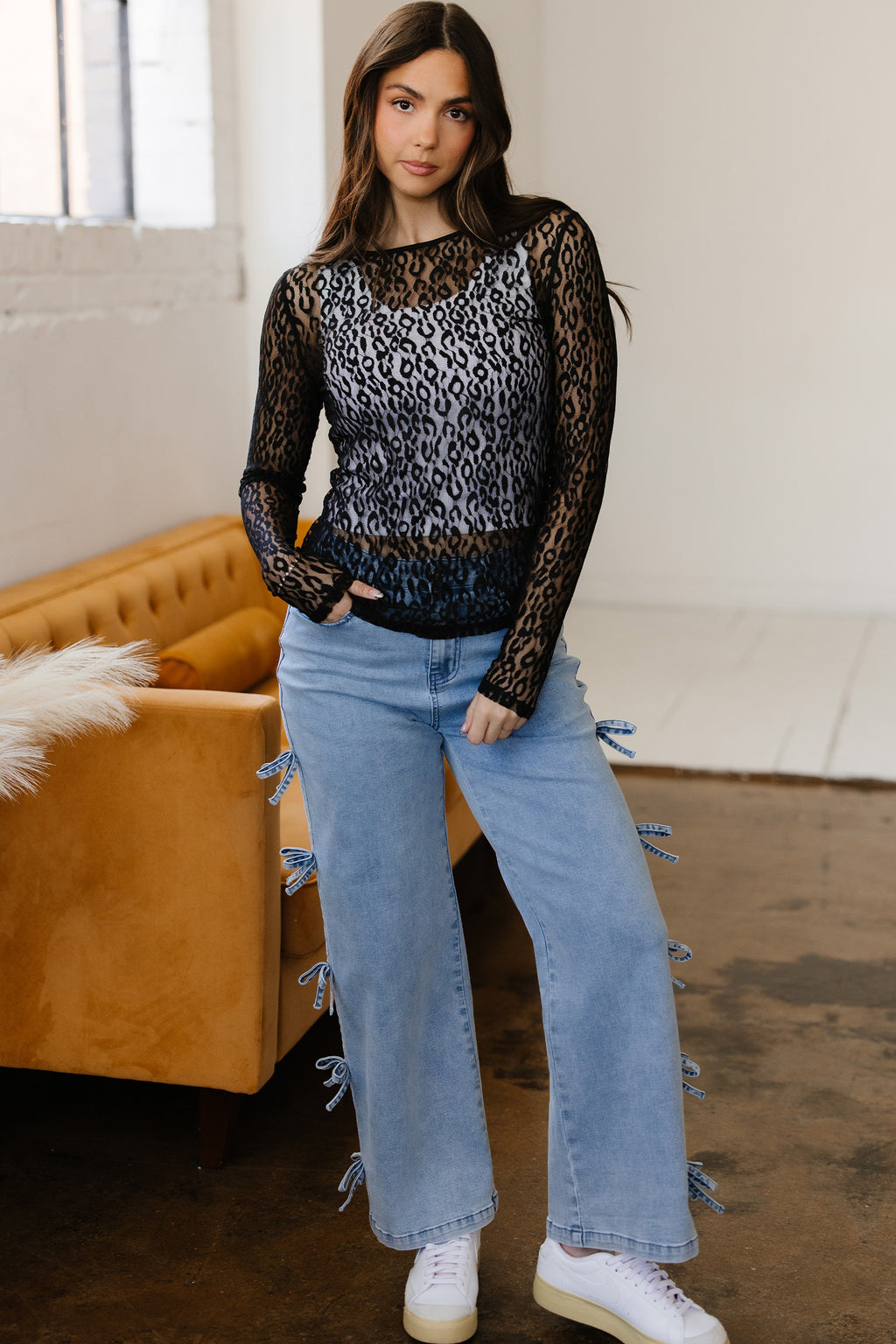 Black leopard pattern sheer mesh long sleeve top from Dear-Lover Dropshipping, featuring a fitted design and lightweight fabric.