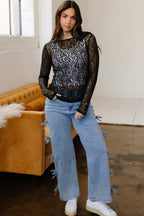 Black leopard pattern sheer mesh long sleeve top from Dear-Lover Dropshipping, featuring a fitted design and lightweight fabric.