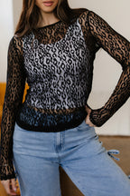 Black leopard pattern sheer mesh long sleeve top from Dear-Lover, featuring a fitted design and see-through fabric.