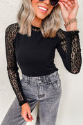 Black Leopard Mesh Patchwork Knit Long Sleeve Top by Dear-Lover, featuring black leopard print mesh and patchwork design.