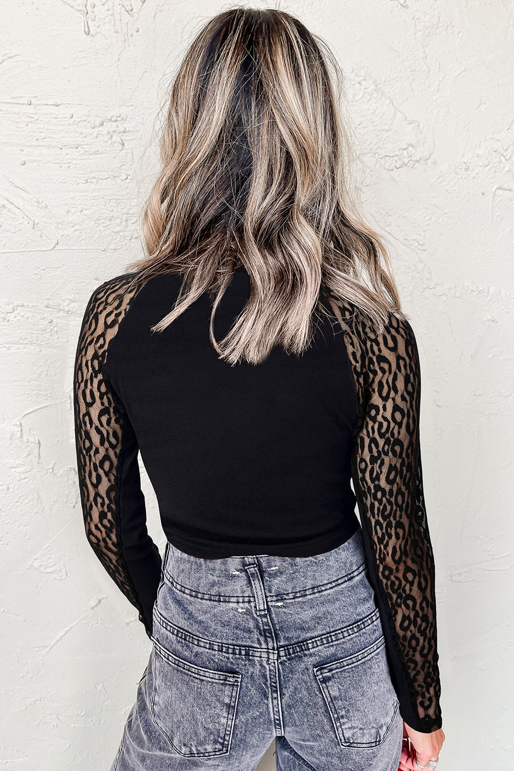 Black Leopard Mesh Patchwork Knit Long Sleeve Top by Dear-Lover featuring leopard print, mesh fabric, and a fitted knit design.