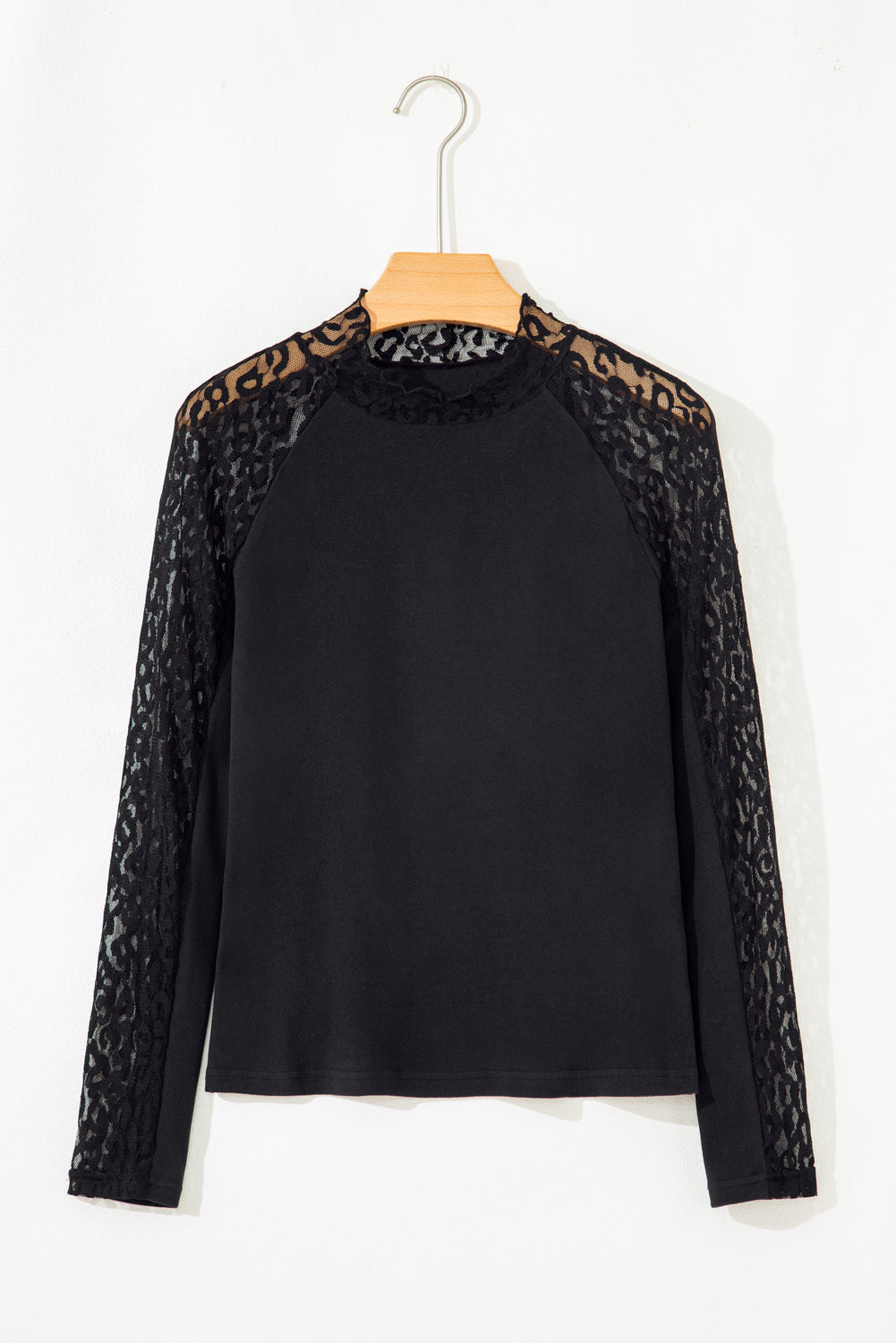 Black Leopard Mesh Patchwork Knit Long Sleeve Top from Dear-Lover, featuring black leopard print, mesh fabric, and patchwork design.