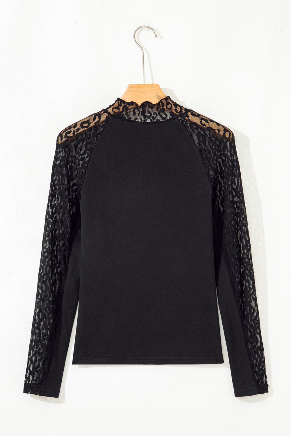 Black leopard mesh patchwork knit long sleeve top from Dear-Lover, featuring a fitted design with leopard print and contrast patchwork details.