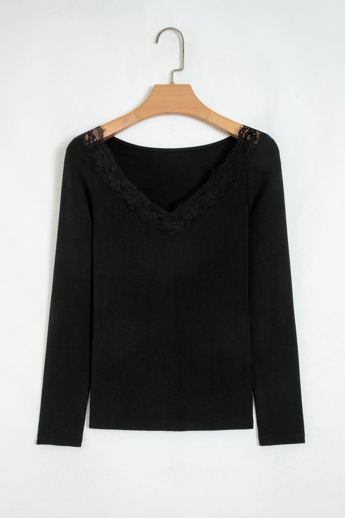 Black lace trim long sleeve slim top from Dear-Lover, featuring an elegant neckline and fitted design in viscose and elastane fabric.