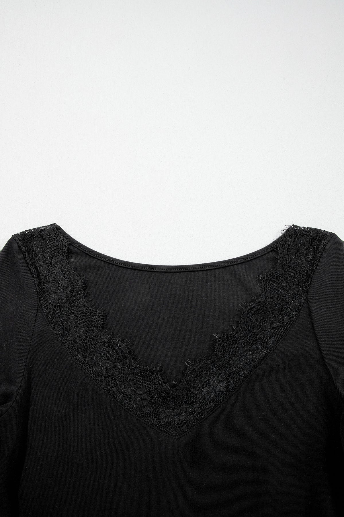 Black lace trim long sleeve slim top with elegant neckline from Dear-Lover, made of viscose and elastane, showcasing a fitted style.