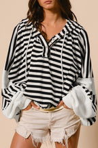 Black and white oversized striped Henley hooded top with dolman sleeves, long sleeve casual top by Dear-Lover.