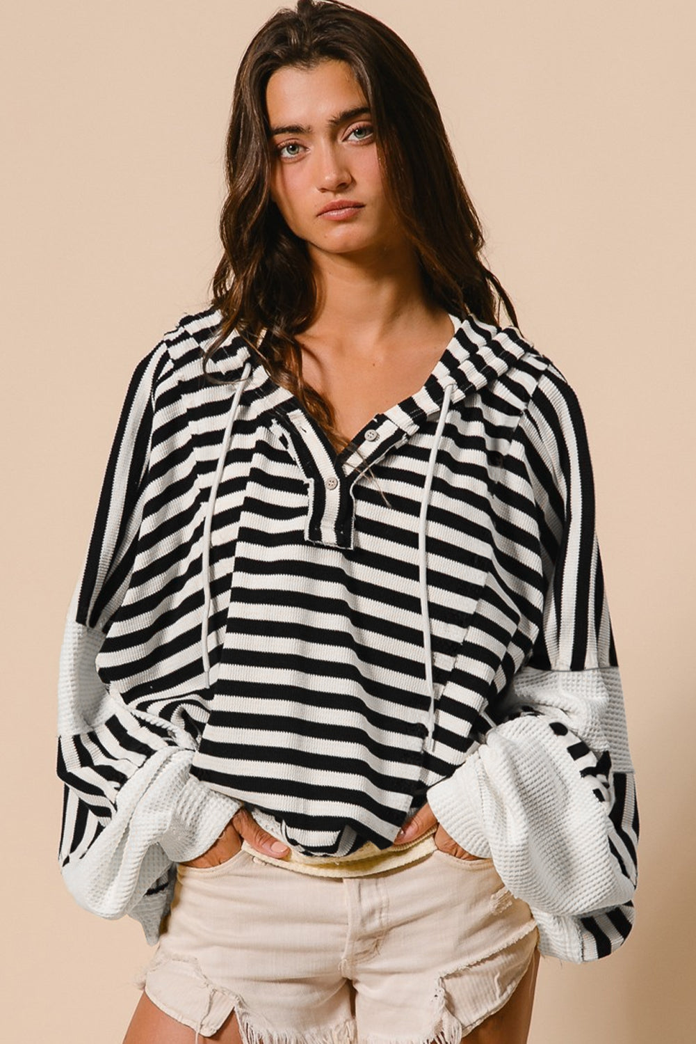 Black and white oversized striped Henley hooded top with dolman sleeves, long sleeve casual shirt from Dear-Lover.