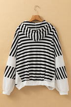 Black and white oversized striped Henley hooded top by Dear-Lover with dolman sleeves and button detail, long sleeve casual shirt.