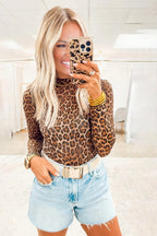 Brown leopard mock neck long sleeve mesh top from Dear-Lover, featuring a fitted design with a stylish animal print.