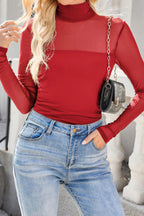 Dear-Lover coffee sheer mesh patchwork high neck long sleeve top, stylish long sleeve top with see-through mesh design.