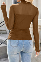 Dear-Lover long sleeve top in coffee sheer mesh patchwork with high neck, featuring a stylish, lightweight polyester-elastane blend.