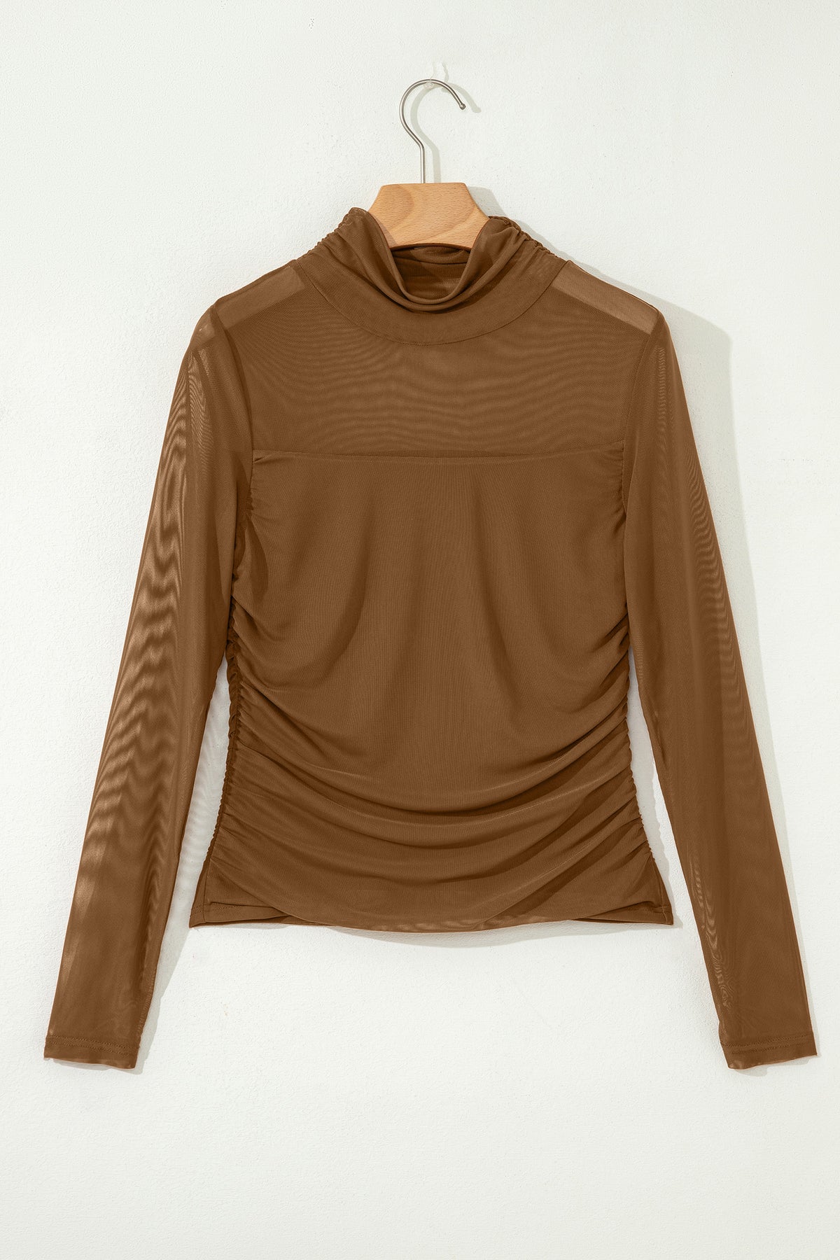 Dear-Lover Coffee sheer mesh patchwork high-neck long sleeve top, stylish long sleeve top with see-through mesh and patchwork design.
