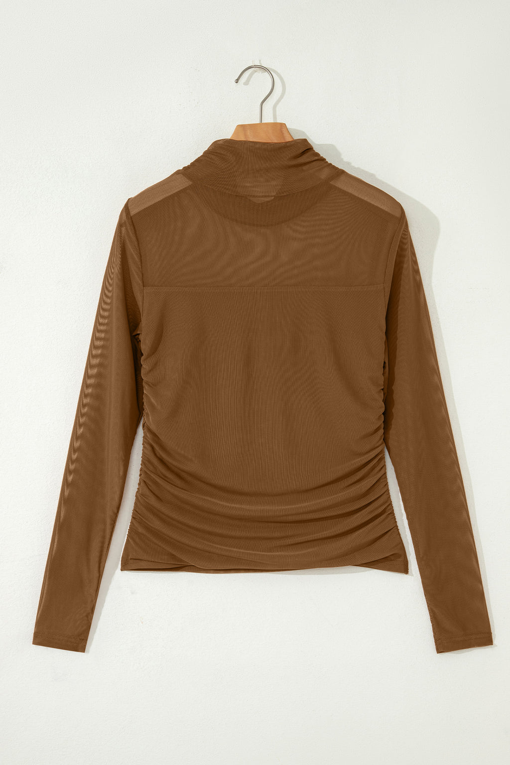 Dear-Lover coffee sheer mesh patchwork high-neck long sleeve top, stylish long-sleeve top with see-through mesh design and patchwork details.