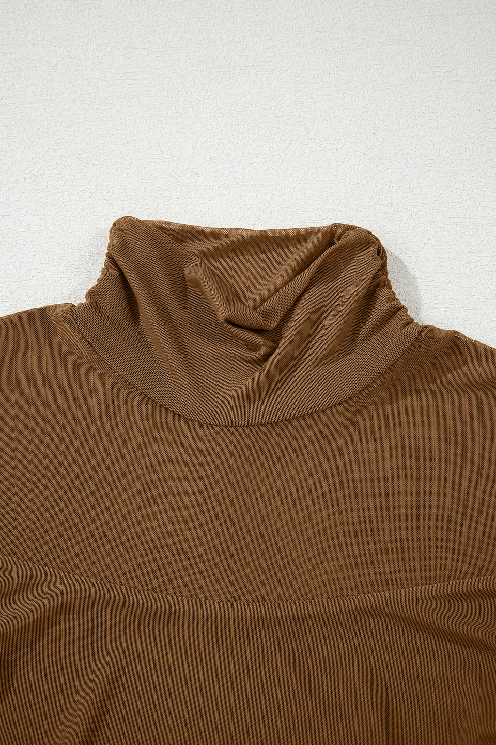 Dear-Lover sheer mesh patchwork high neck long sleeve top in coffee color, made of polyester and elastane with stylish design.