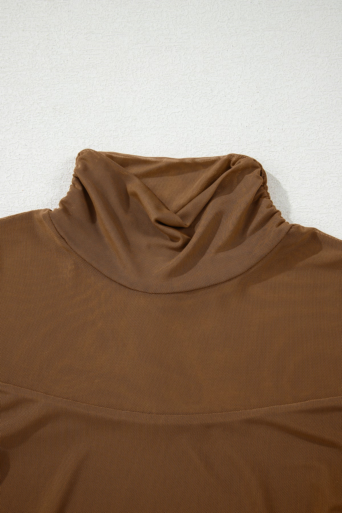 Dear-Lover sheer mesh patchwork high neck long sleeve top in coffee color, made of polyester and elastane with stylish design.