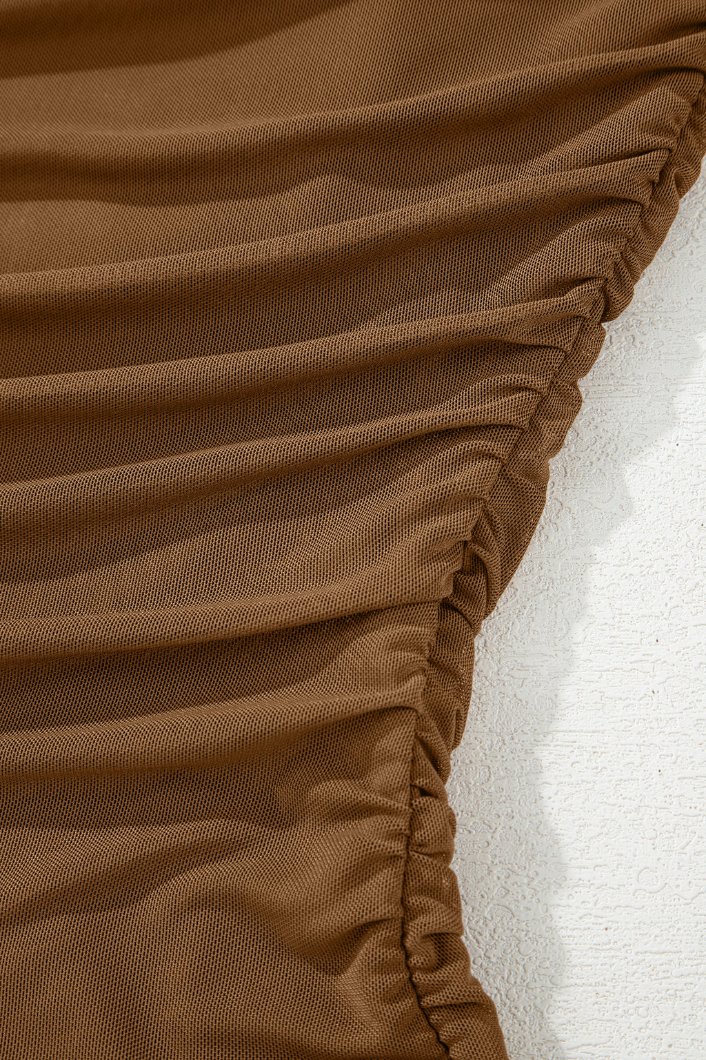 Dear-Lover Coffee sheer mesh patchwork long sleeve top with high neck, featuring a stylish and lightweight design.
