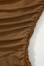 Dear-Lover Coffee sheer mesh patchwork long sleeve top with high neck, featuring a stylish and lightweight design.