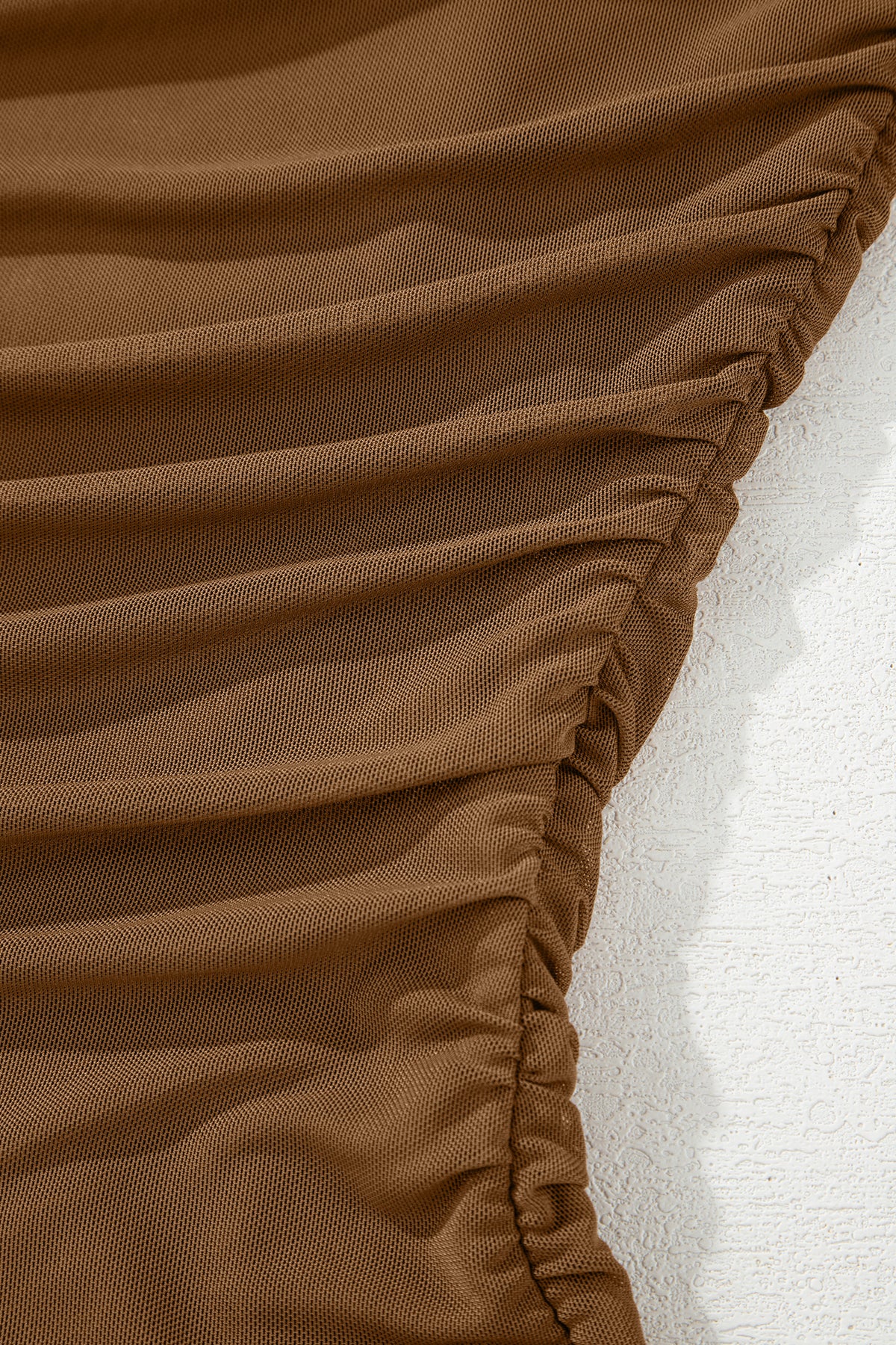 Dear-Lover Coffee sheer mesh patchwork long sleeve top with high neck, featuring a stylish and lightweight design.