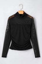 Dear-Lover Coffee sheer mesh patchwork high neck long sleeve top, stylish long sleeve top with see-through design and intricate patchwork details.