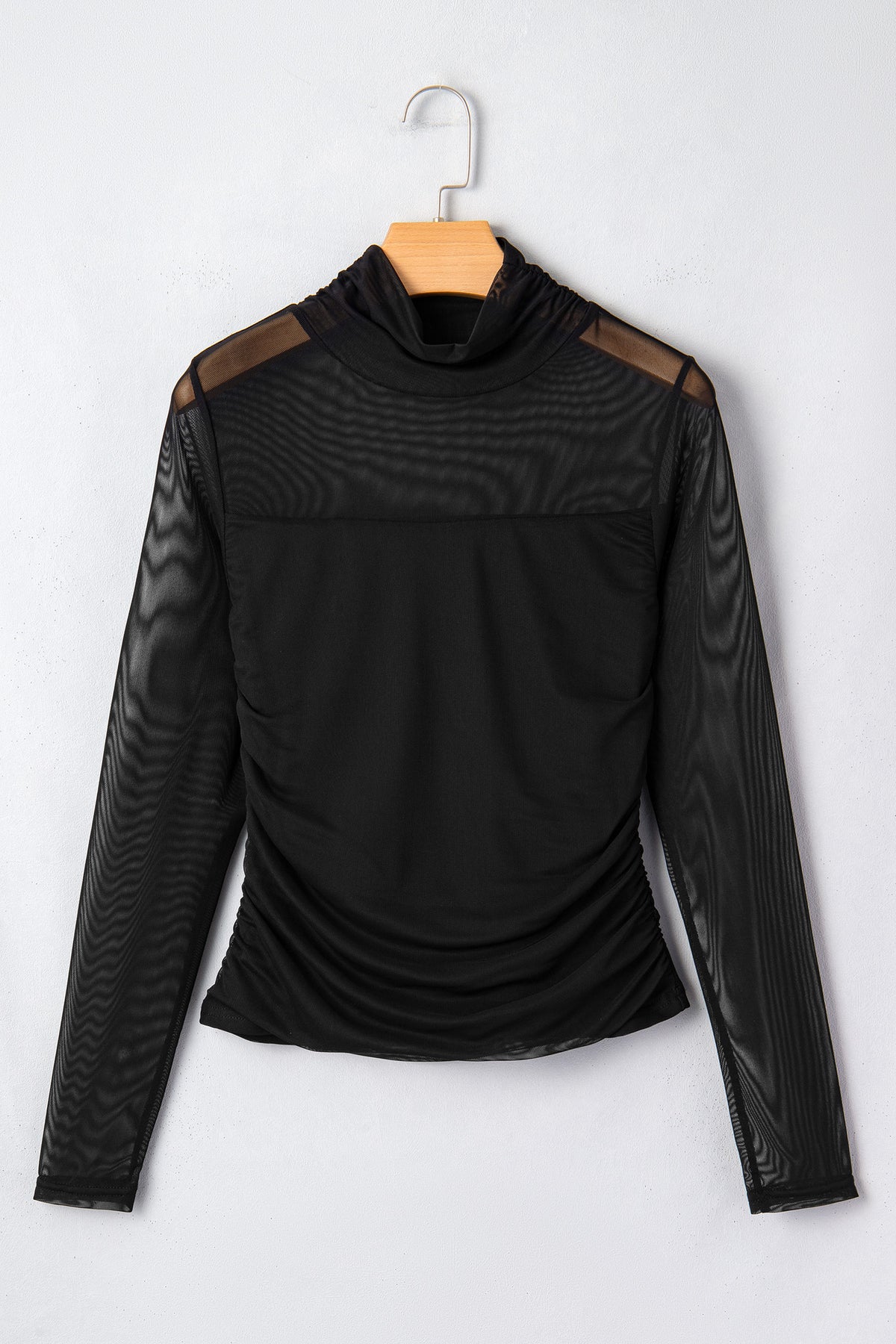 Dear-Lover Coffee sheer mesh patchwork high neck long sleeve top, stylish long sleeve top with see-through design and intricate patchwork details.