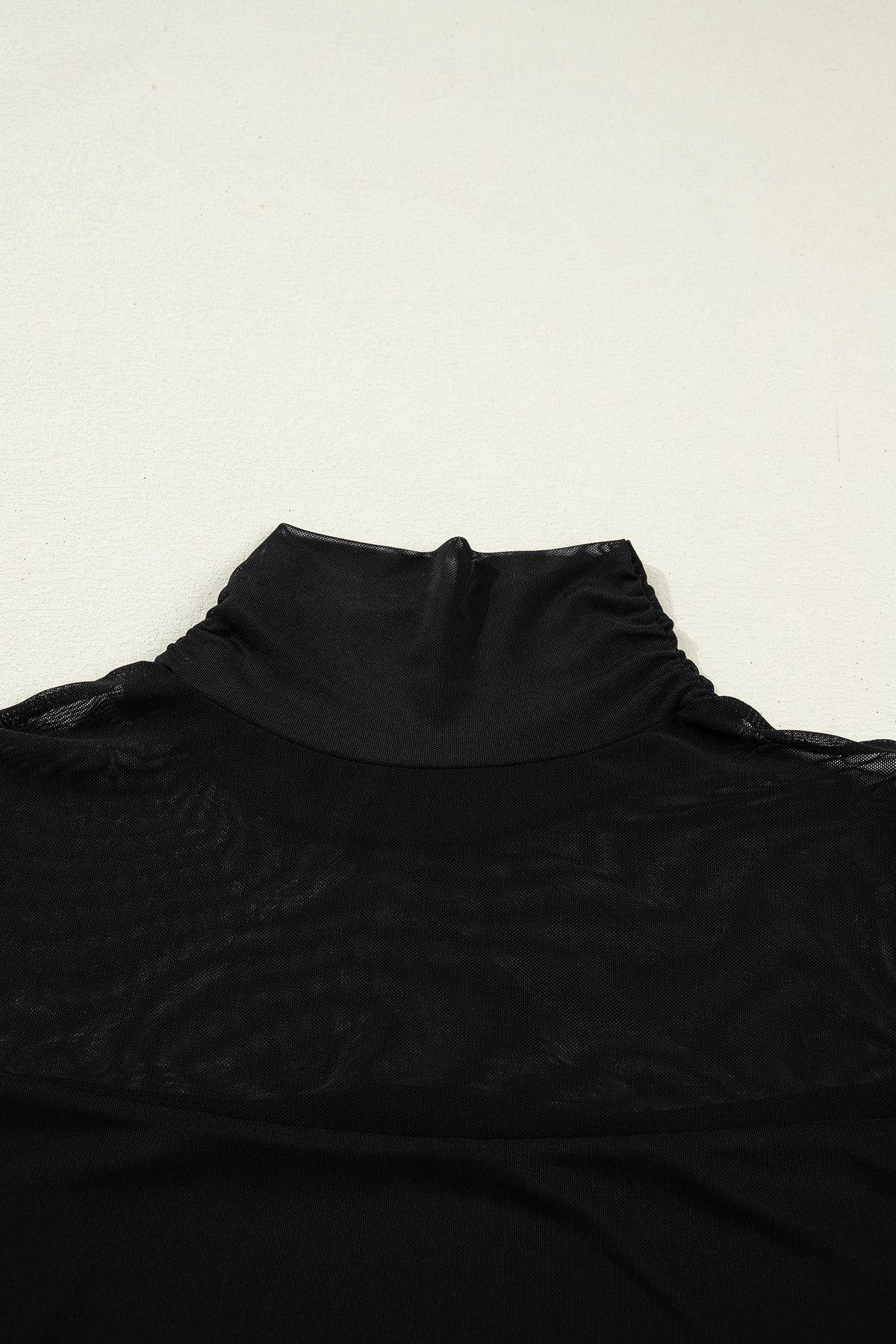 Dear-Lover Coffee sheer mesh patchwork long sleeve top with high neckline, stylish and lightweight polyester-elastane blend.