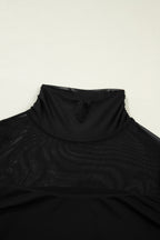 Dear-Lover sheer mesh patchwork high-neck long sleeve top in coffee color, made of polyester and elastane, stylish and modern.