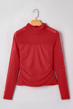 Dear-Lover sheer mesh patchwork long sleeve coffee-colored top with high neck, lightweight polyester and elastane fabric, stylish design.