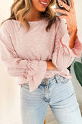 Gossamer pink ruffle sleeve long sleeve loose pullover top by Dear-Lover, featuring lightweight fabric and feminine ruffle details.
