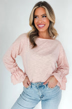 Pink gossamer ruffle sleeve long sleeve pullover top by Dear-Lover, loose fit, lightweight cotton-polyester blend, stylish casual wear.