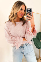 Pink ruffle sleeve long sleeve pullover top by Dear-Lover, featuring a loose fit and lightweight gossamer fabric.