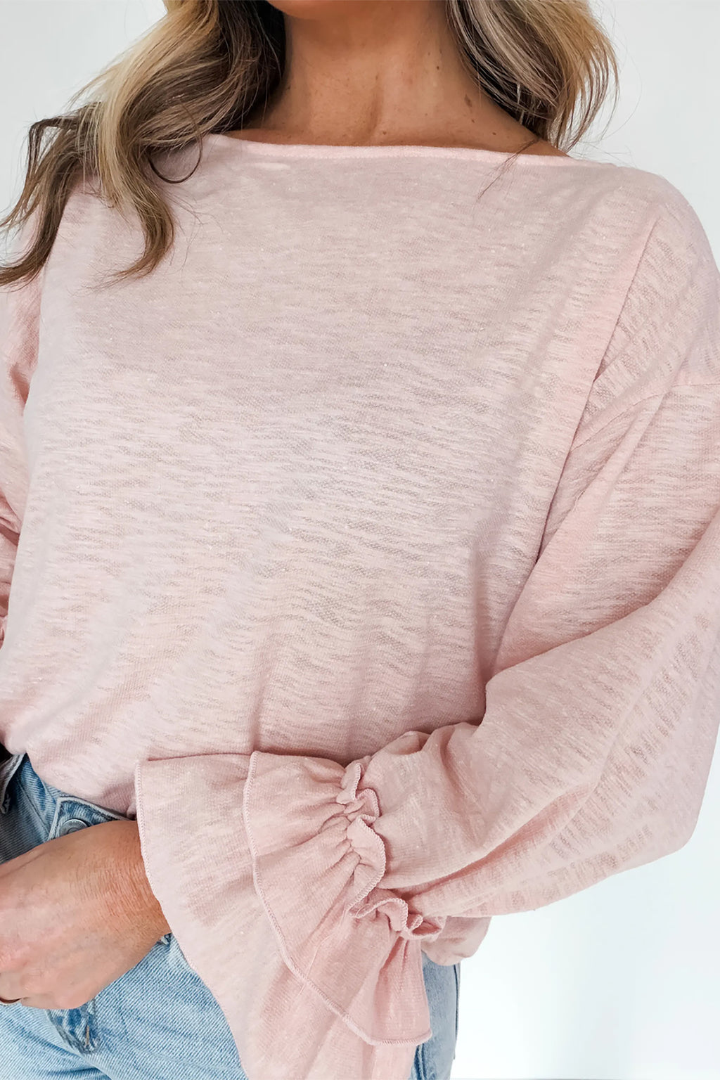 Gossamer pink ruffle sleeve long sleeve loose pullover top by Dear-Lover, lightweight cotton-polyester blend, casual style.
