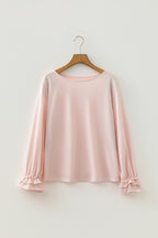 Pink ruffle sleeve long sleeve pullover top from Dear-Lover, loose fit, lightweight gossamer fabric, perfect for casual wear.