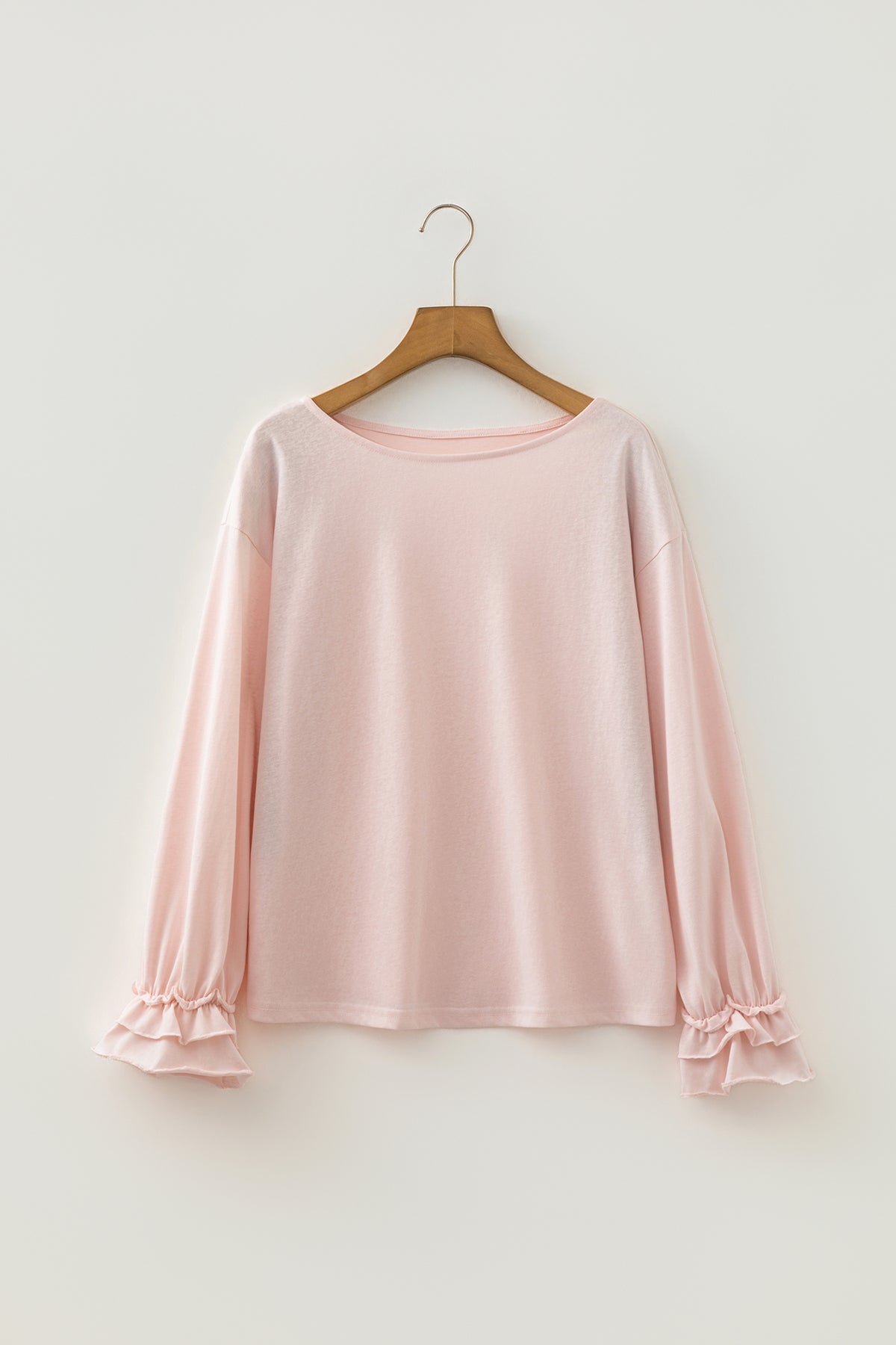 Pink ruffle sleeve long sleeve pullover top from Dear-Lover, loose fit, lightweight gossamer fabric, perfect for casual wear.