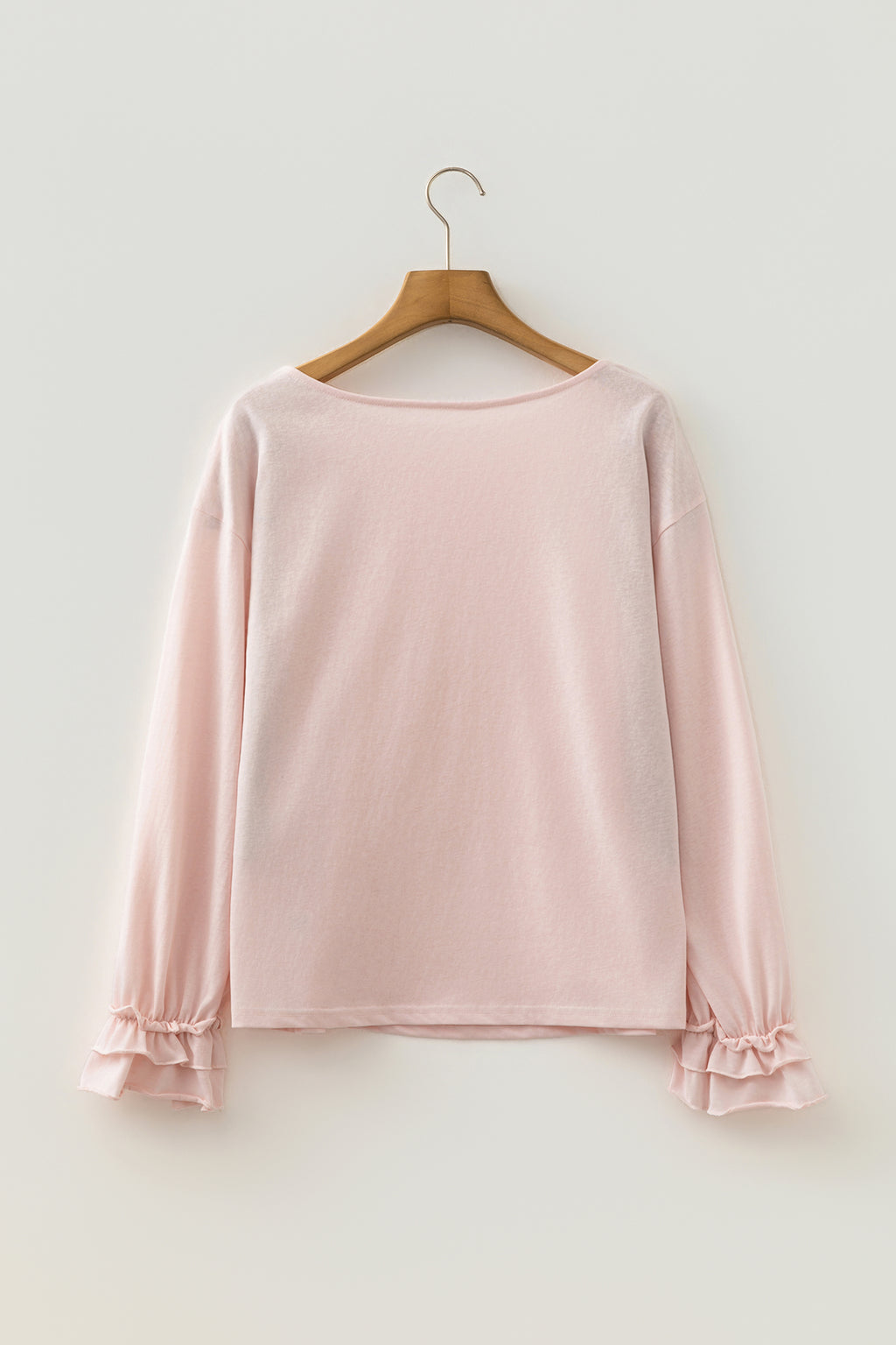 Gossamer pink ruffle sleeve long sleeve loose pullover top by Dear-Lover Dropshipping, soft fabric and relaxed fit.