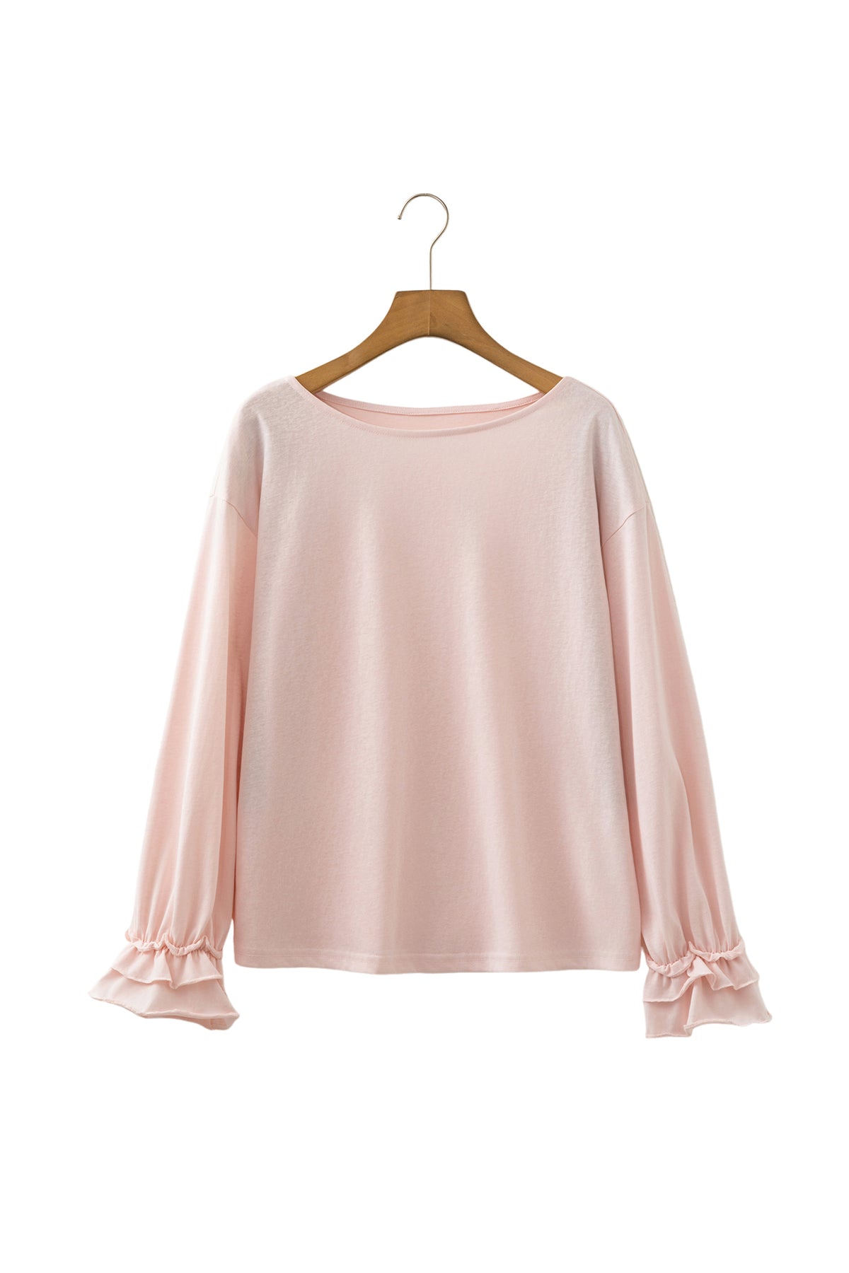 Pink ruffle sleeve long sleeve pullover top by Dear-Lover, loose fit, lightweight gossamer fabric, perfect for casual wear.