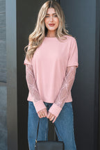 Light pink solid color long sleeve tee with bow textured patchwork design from Dear-Lover Dropshipping, featuring a stylish, casual look.