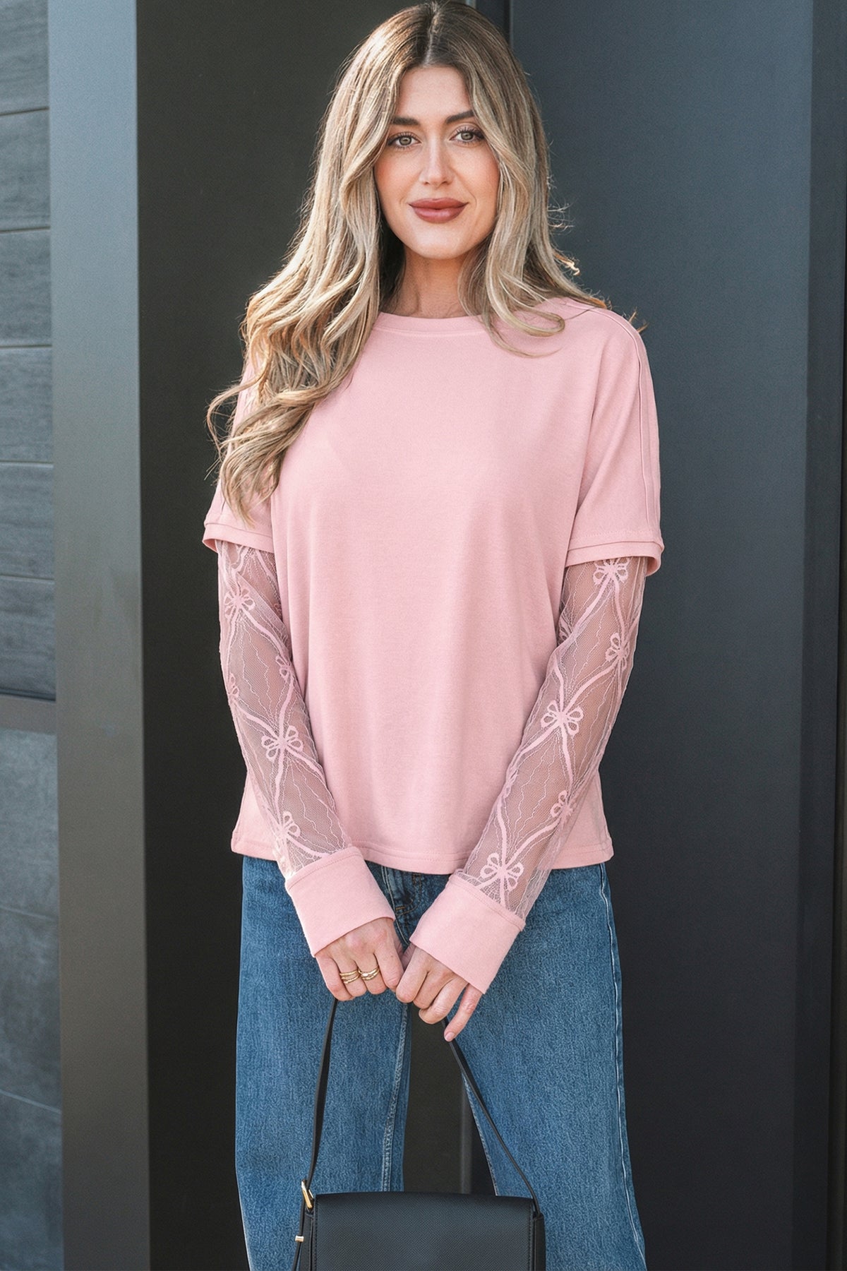 Light pink solid color long sleeve tee with bow textured patchwork design from Dear-Lover Dropshipping, featuring a stylish, casual look.