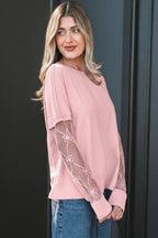 Light pink solid color long sleeve tee with textured patchwork and bow detail from Dear-Lover Dropshipping, shown on a flat lay.