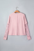 Light pink solid color long sleeve tee with textured patchwork and bow detail from Dear-Lover, made of polyester and elastane.
